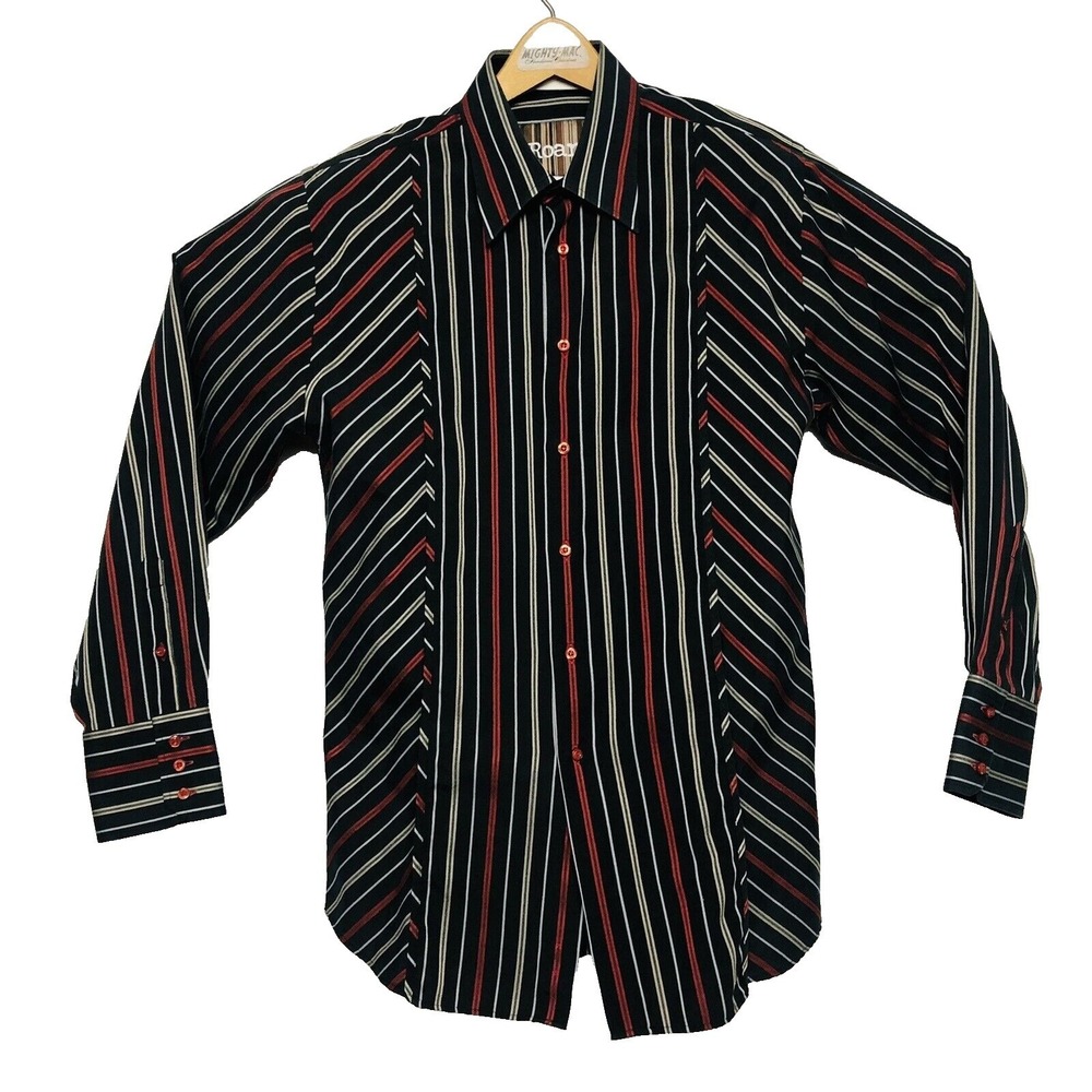 Roar Mens Black w/ Red & Tan Stripe L/S Cotton‎ Polyester Button Down Size Large